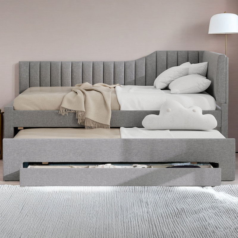 Lit de jour simple tapissier avec lit gigogne et trois tiroirs, Beige, Lit double
