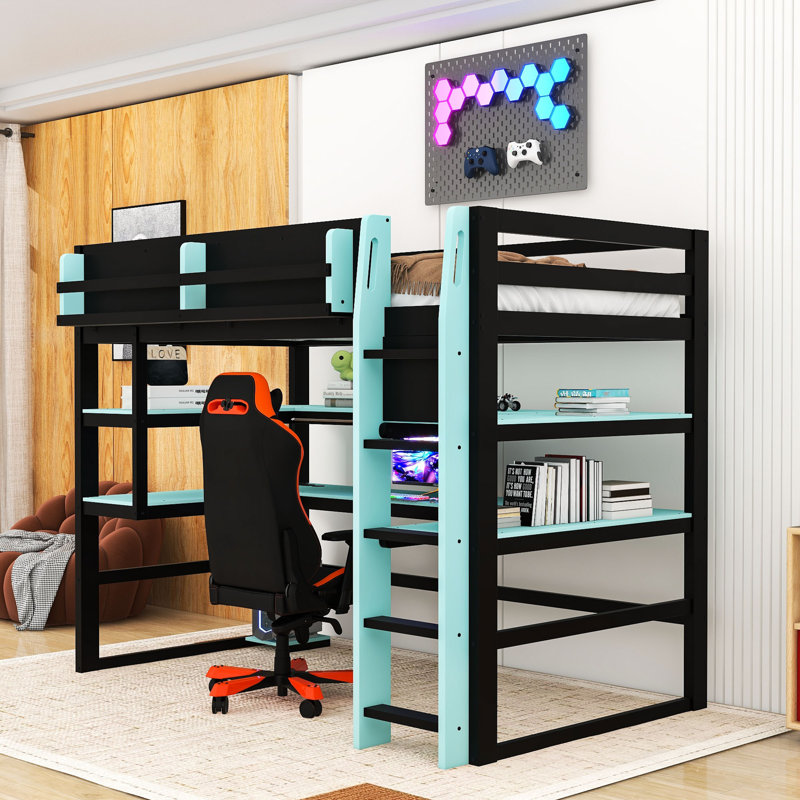 Wood Loft Bed with Shelves and Built-in USB Ports and RGB LED Lights, Twin, Cloud Blue