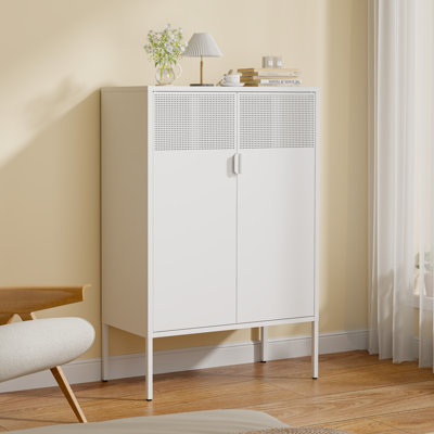 White Metal Storage Cabinet,2 Door TV Stand, Metal Mesh Accent Cabinet,Magnetic Door Closure,Low Storage Cabinets with Doors and Shelf for Home,Office,Living Room