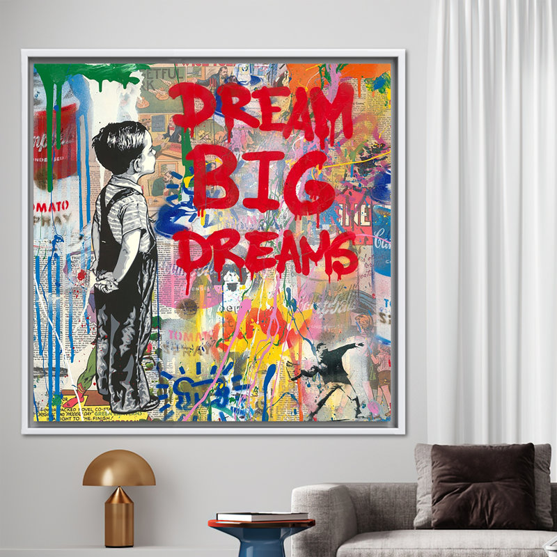 Impression sur toile Large Dream Big Graffiti pour un décor de salon moderne, H 18 po x l 18 po, Blanc