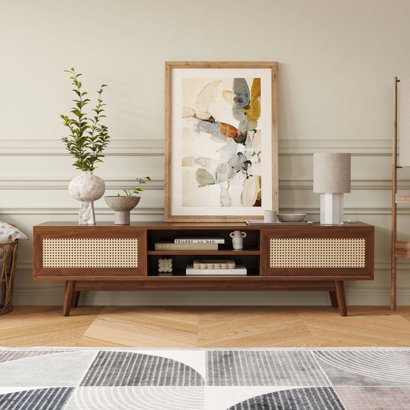 Meuble télé Mid-Century moderne avec portes coulissantes, Noir noyer, 65"