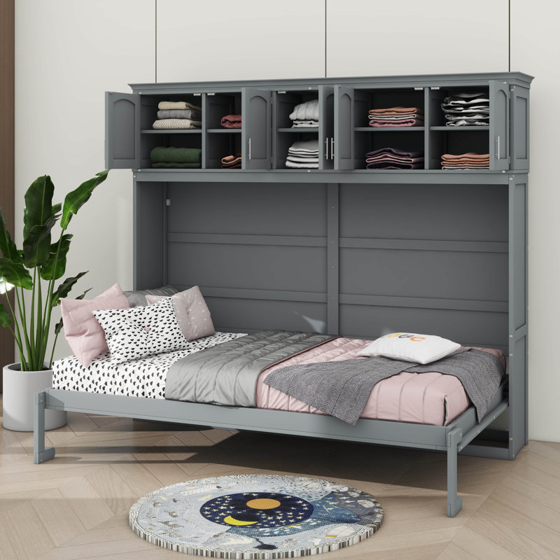 Lit escamotable A / Murphy avec armoires supérieures, gris, Double