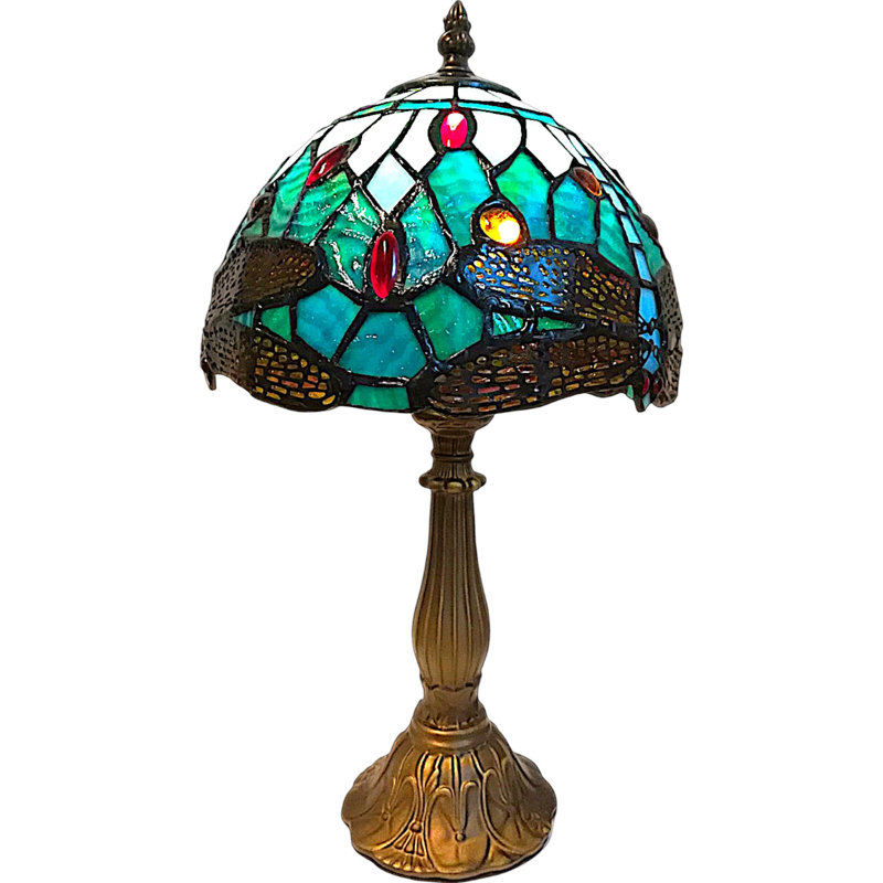 Classic Tiffany Style Table Lamp, 20cm Stained Glass Dragonfly Shade, 37cm Height, (Aqua Blue)