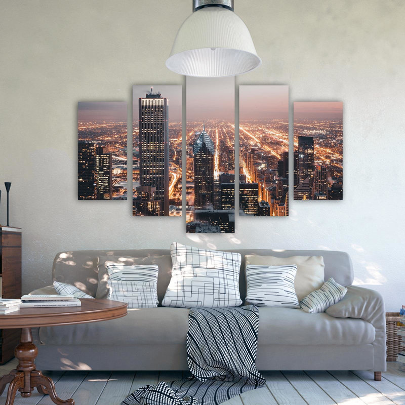 Skyscraper City At Night - 5 Piece No Frame Print on Canvas, 70cm H x 100cm W