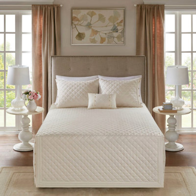 King Size Khaki Bedspread, Cotton Reversible With Pieced Edge & Fill 4 Bedspread For King, Button Trim Pillow