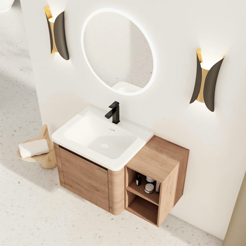 Meuble-lavabo mural 36 po avec lavabo en céramique, tablettes de rangement, 1 porte à fermeture en douceur, emballage kd, contreplaqué, mobilier moderne, finition lisse, contreplaqué rustique 45 poignées inclinées