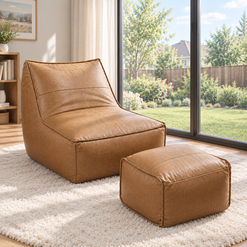 Pouf géant avec repose-pieds, fauteuil lounge rembourré de mousse haute densité, dossier ergonomique, canapé confortable idéal pour le salon, la chambre à coucher et le coin lecture.