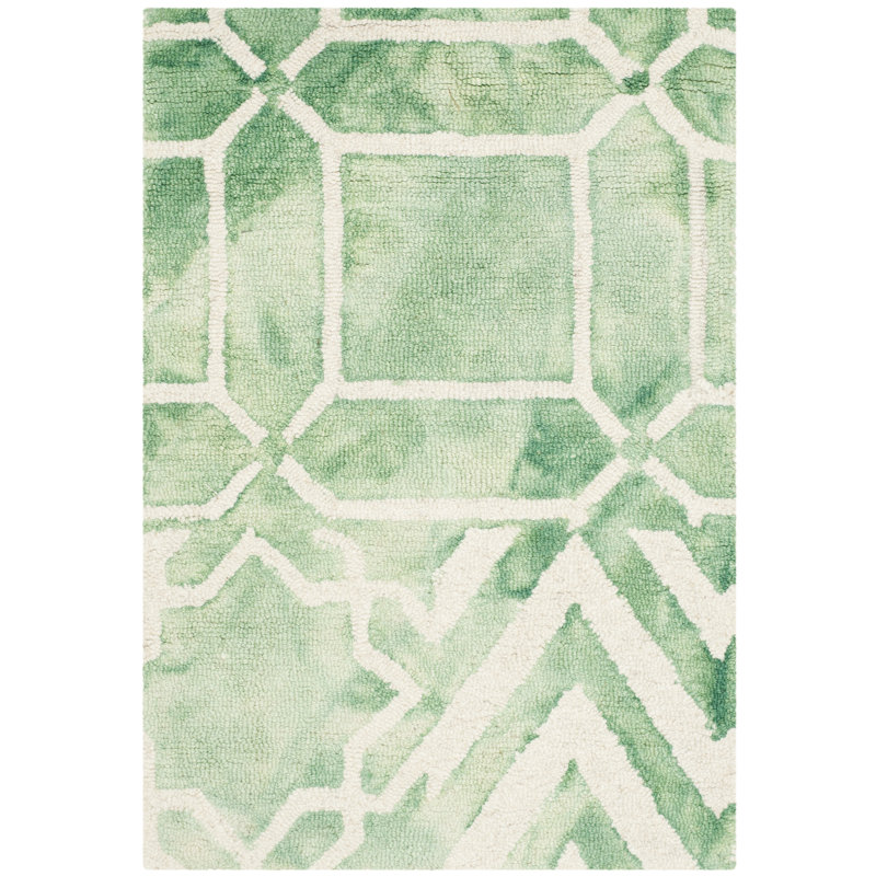 Hallette Hand Tufted Wool/Cotton Geometric Rug in Green, Rectangle 2' x 3'