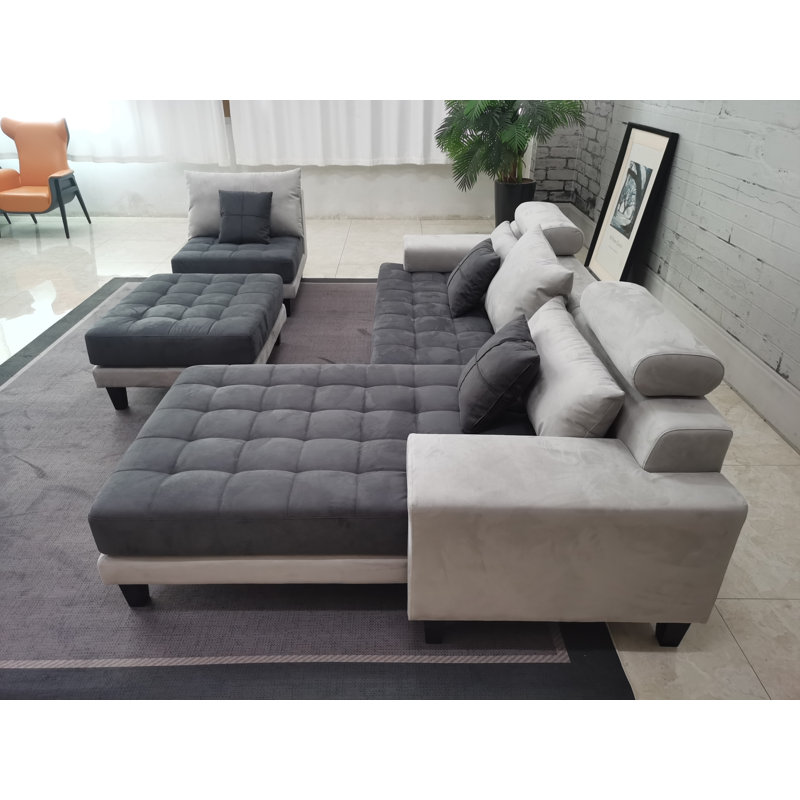 4 - Piece Upholstered Sectional, White/Gray Microfiber/Microsuede, Right Hand Facing