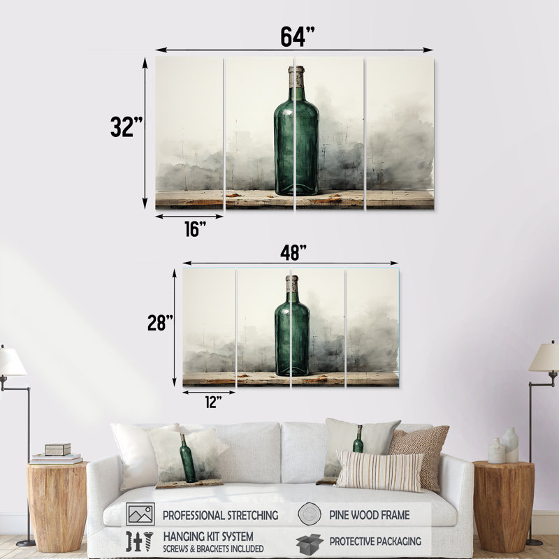 «Green Minimalist Wine Bottles Silhouette III», ensemble d'art mural 4 pièces, H 32 po x l 64 po