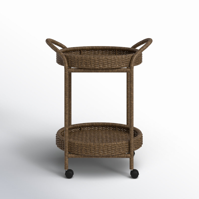Brown Oval Rattan Bar Cart with Woven Baskets
