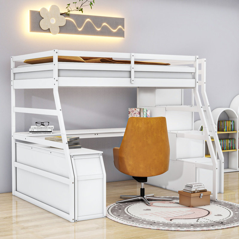 Lit mezzanine 7 tiroirs avec tablettes et bureau, Blanc
