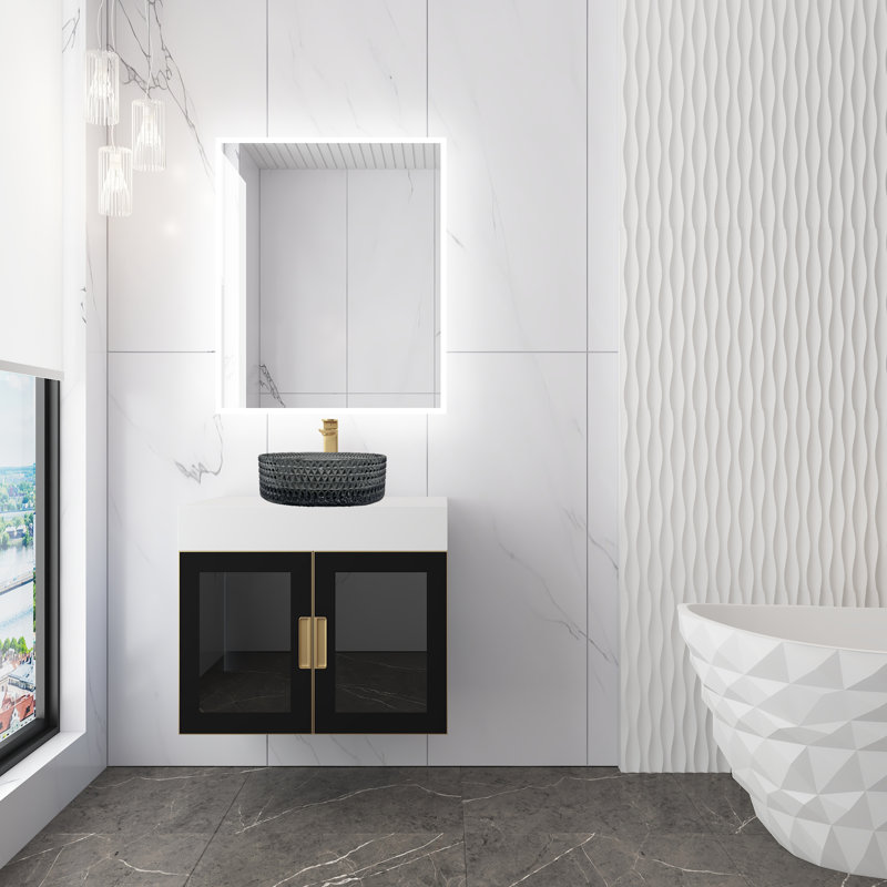 Modern Luxury Wall-mounted Vanity With 36" Solid Surface Top And Round Glass Vessel Sink, Light Black