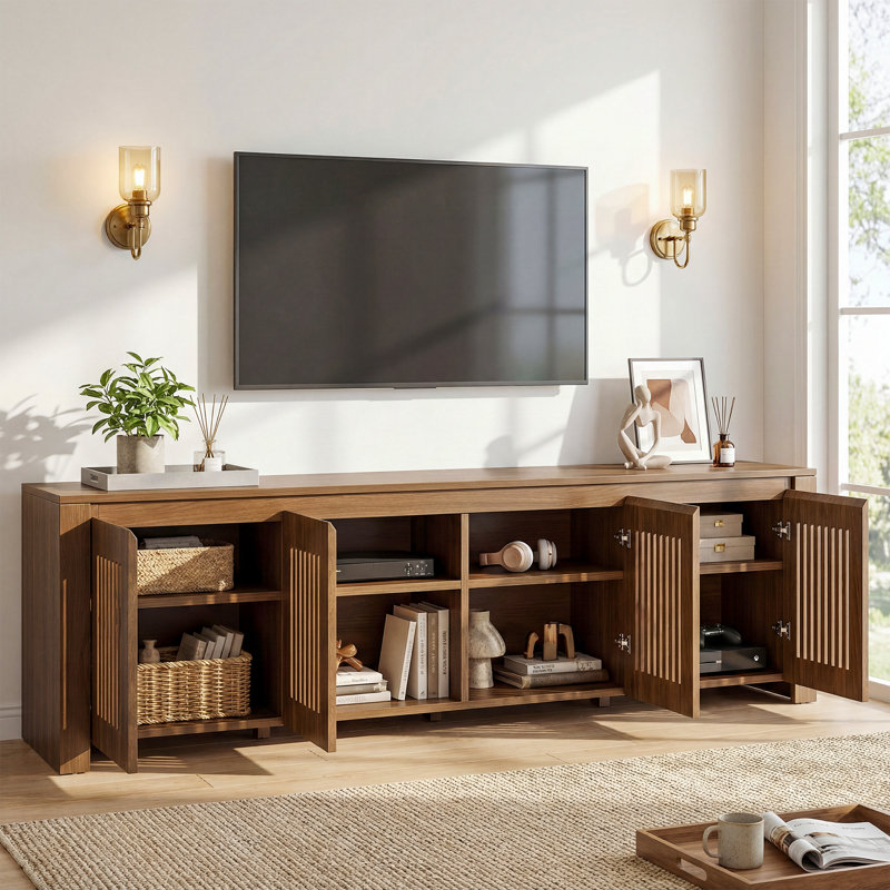 Meuble télé 55 po avec portes pour téléviseur de 65 po, centre de divertissement de ferme avec 8 cubes de rangement pour le salon, la chambre à coucher