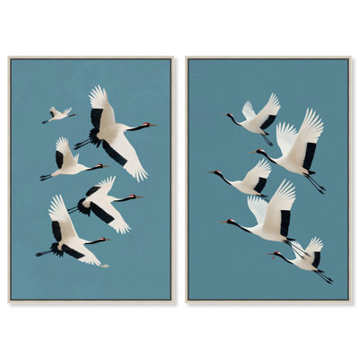 White Cranes Duo Framed Canvas Print Modern Poster Art Set by Art Remedy, Silver Frame, 20 x 30