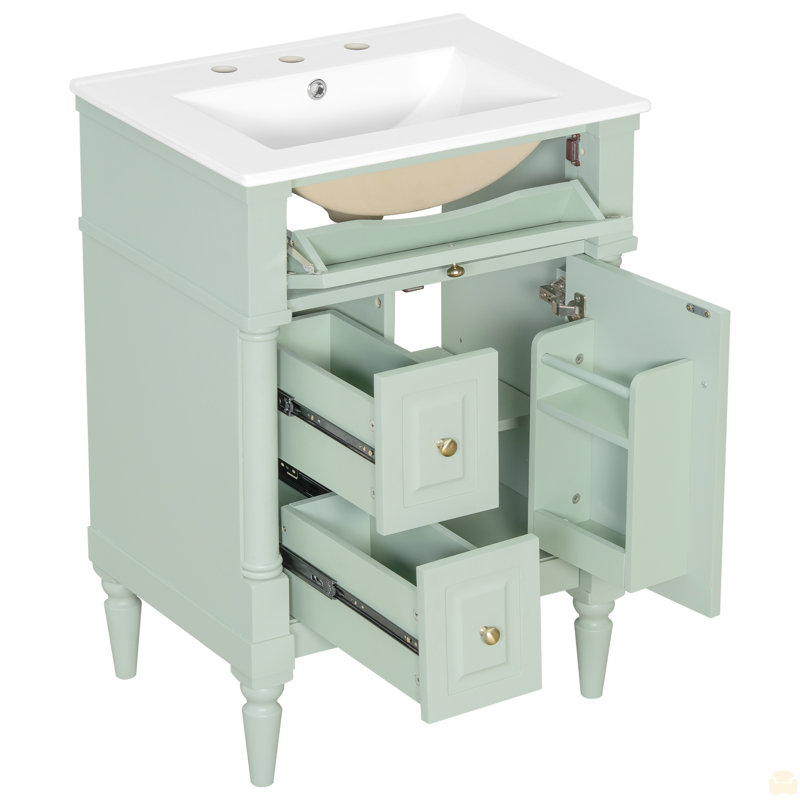 Meuble-lavabo sur pied 24 po avec lavabo, armoire de salle de bain autoportante avec tiroir rabattable et tablette réglable 24 po