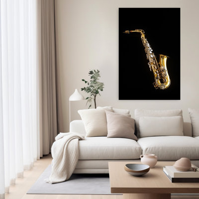 Single Saxophone Against Black Background Classic Retro Vintage Landscape Nature Wall Art