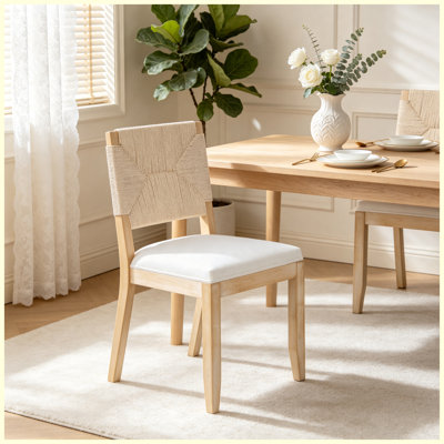 Ensemble de 2 chaises de salle à manger à dossier tissé French Country Boho - Structure en bois massif beige pour la cuisine, le salon et la salle à manger