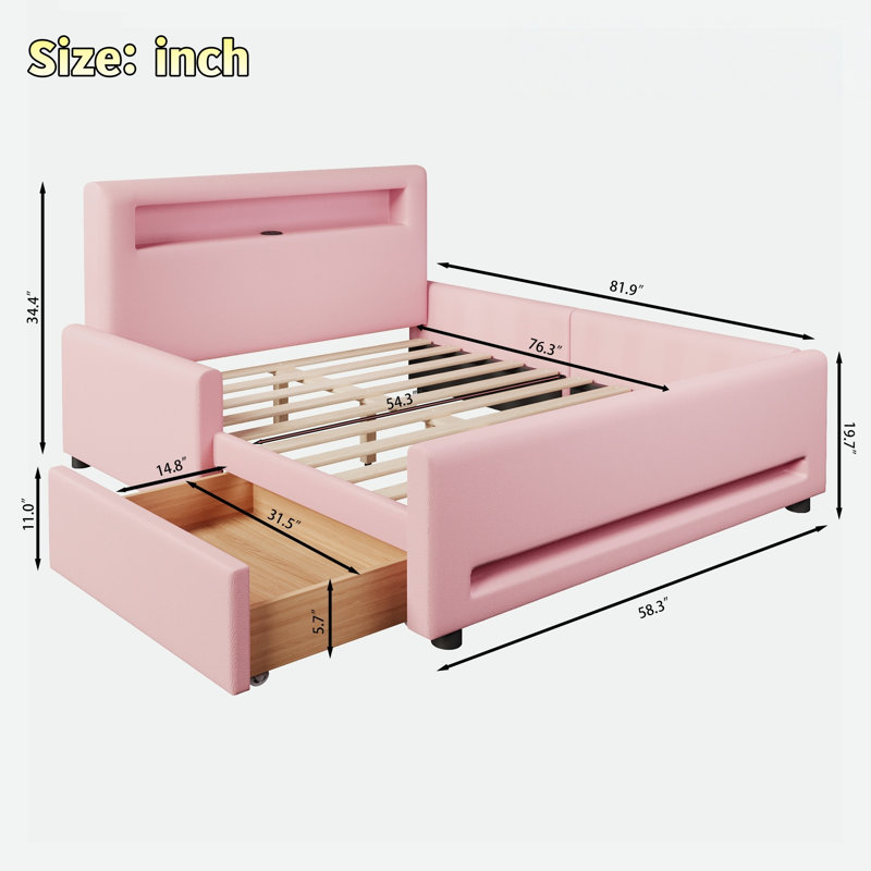 Lit plateforme tapissier avec tiroir, bande lumineuse à DEL et port USB, Lit double, Rose