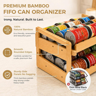 Bamboo FIFO Can Organizer for Pantry, 24-Can Gravity Dispenser with Adjustable Dividers, Freestanding Wood Canned Food Storage Rack for Soup, Soda and Pet Food