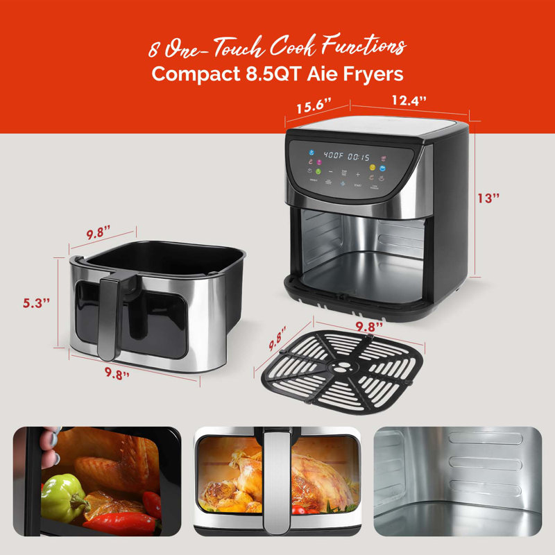 8.5qt Air Fryer, View Window, Multifunctional Large Family Size Capacity For 4-8 People, Stainless Steel 304 Square Basket, 10-in-1 Smart Digital Presets For Air Frying, Bake, Roast, Reheat