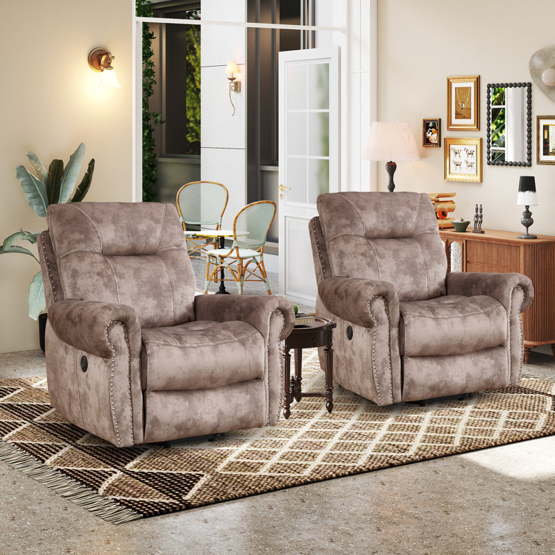 39.37'' Wide Modern Power Lift Assist Recliner With Massage, Heat & USB + Type-C Charging (Set Of 2), Distressed Mocha