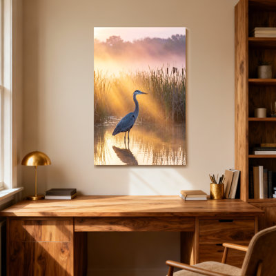 Animaux, lumière dorée, héron, marais, lever du soleil, reflets, nature, scène paisible
