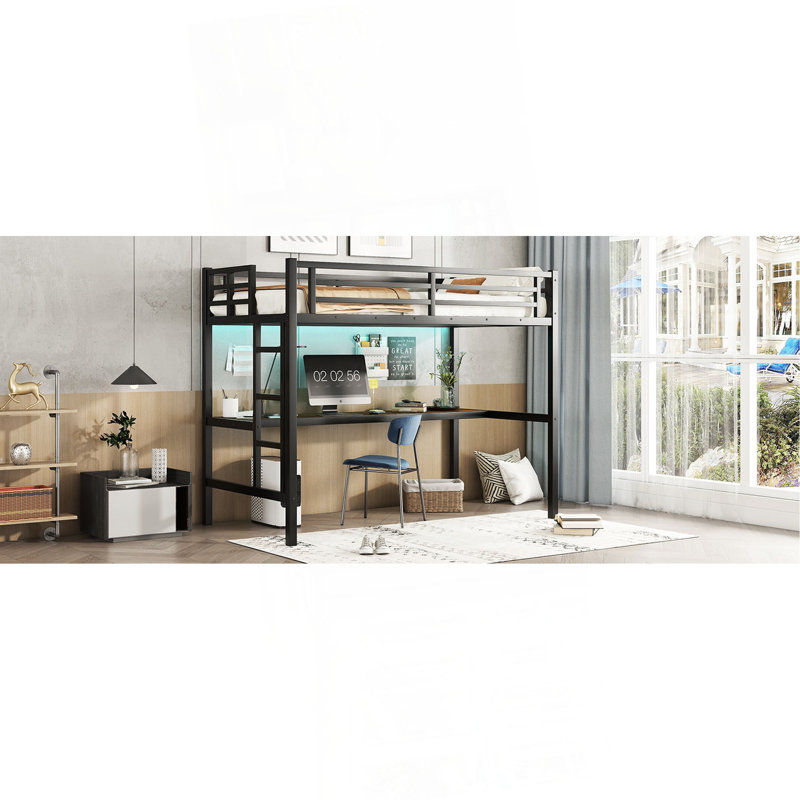 Metal Twin XL Size Loft Bed With Power Outlet And LED Lighted, Space-Saving, Noise Reduced