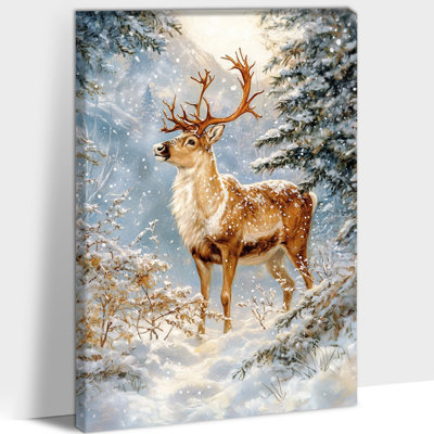 Art mural sur toile grand renne, impression de scène de forêt enneigée, affiche de décoration de Noël rustique en bois, grande œuvre d'art sur toile pour le salon de la chambre à coucher, hall d'entrée prêt à être accroché, 24 po x 36 po