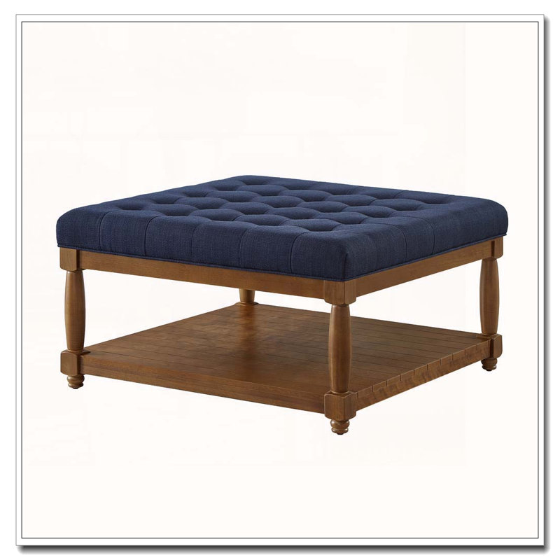 Upholstered Tufted Linen Ottoman Coffee Table, Navy Blue, Square