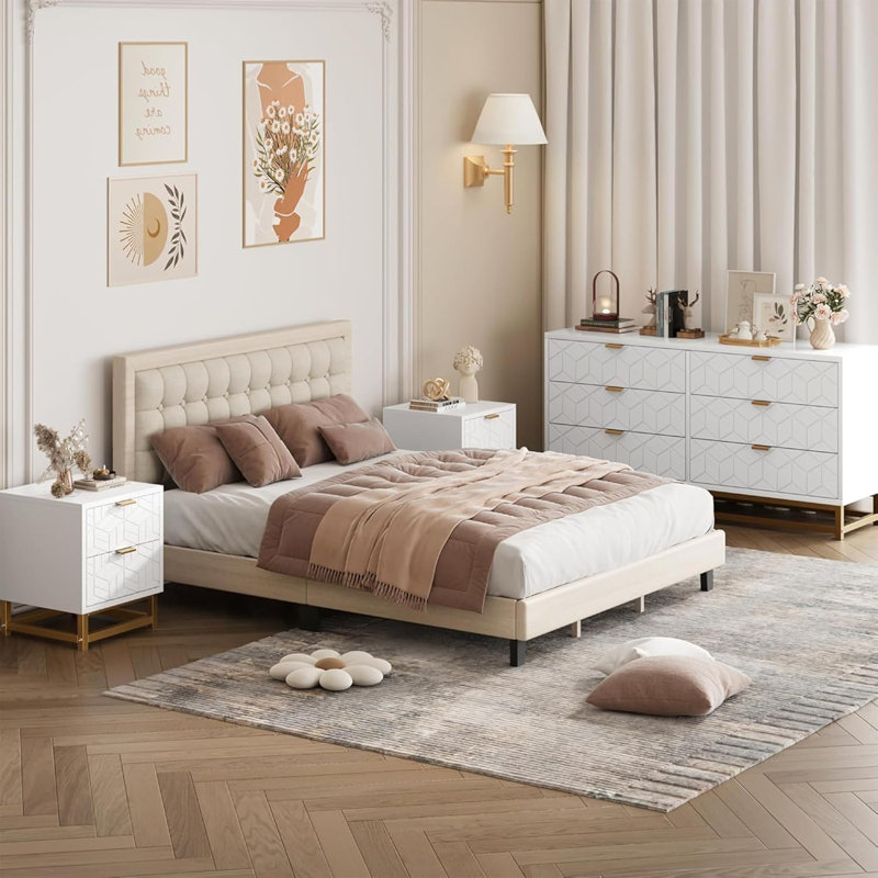 Commode blanche à 6 tiroirs de 53,5 pouces avec poignées et pieds en métal doré, organisateur de commode moderne pour chambre à coucher, placard ou couloir