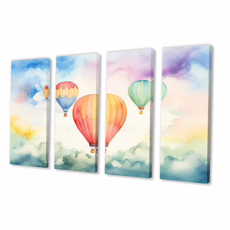 Aquarelle verte et rouge montgolfière Horizon III - montgolfière, 4 pièces, décoration murale, H 32 po x l 64 po
