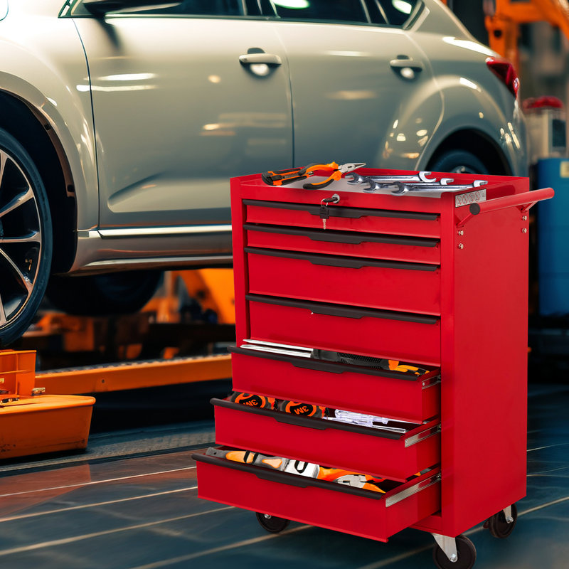 Armoire 7 outils à roulettes - Boîte en métal avec serrure à cylindre pour garage, atelier, entrepôt et roues