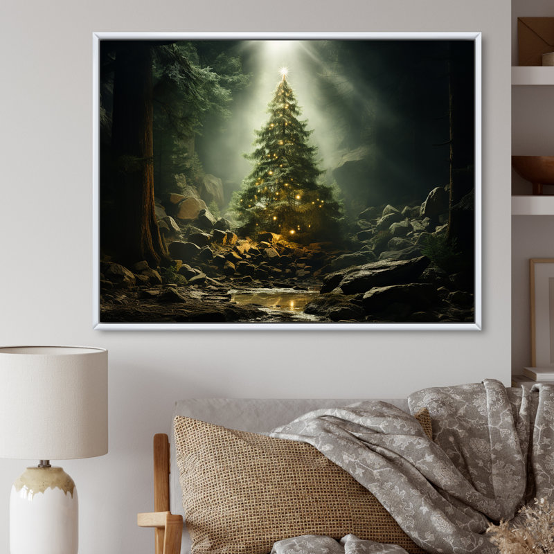 Arbre de Noël vert magique - décoration murale paysage d'hiver, Cadre flottant blanc, H 34 po x l 44 po x P 1,5 po