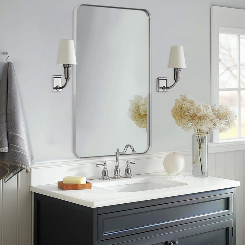 Inse Modern Rounded Rectangle Bathroom Vanity Mirror | Stainless Steel Frame, 48" x 30", Polished Chrome