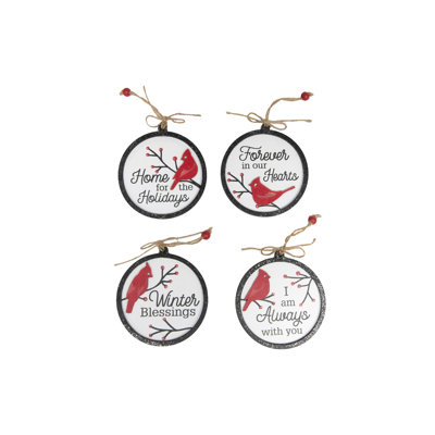 Ornement rond en bois avec paillettes assorties cardinal - ensemble de 4