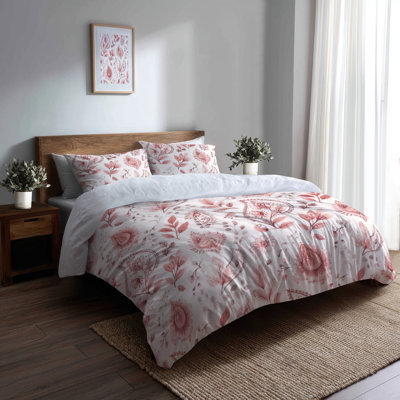 French Country Bedding Set 3 Pcs - Transitional Red And White Delicate Paisley Duvet Cover And Cushion Set