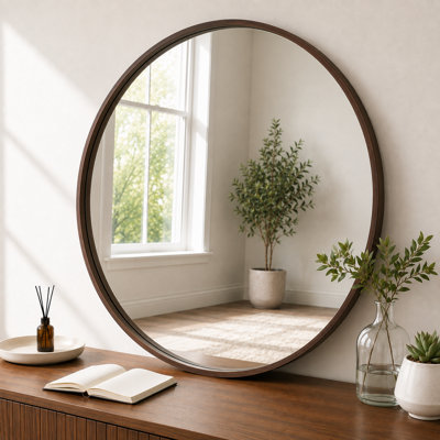 Farmhouse Round Wall Mirror with Wood-Grain Finish Aluminum Frame and Tempered Mirror