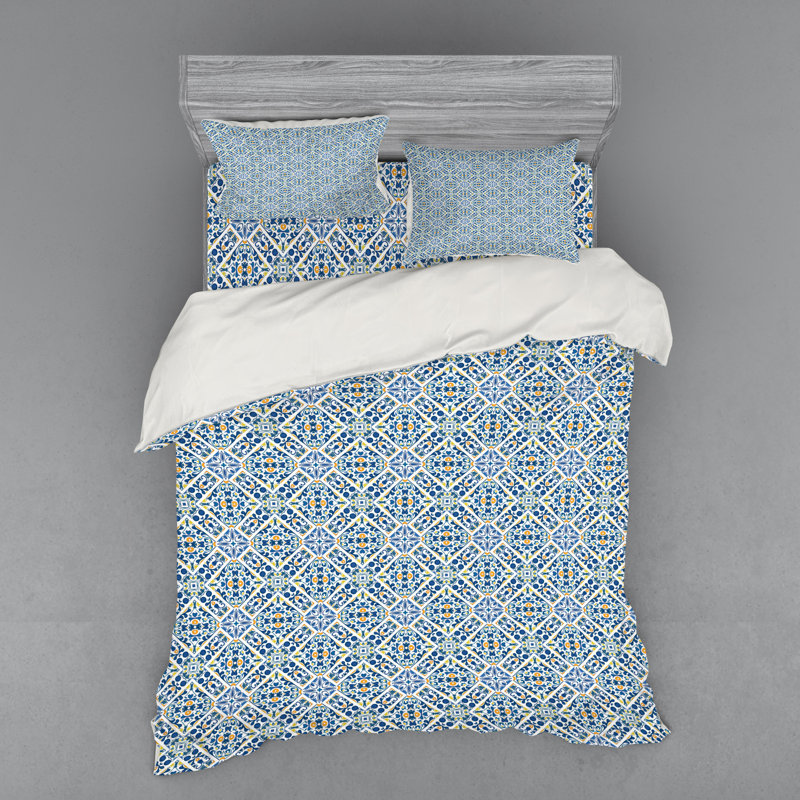 Ensemble de housse de couette en microfibre éclectique bleu / beige, Housse de couette grand + 3 pièces supplémentair