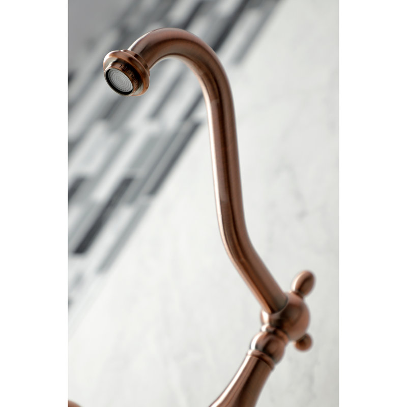 Kingston Brass Heritage Double-Handle Wall-Mount Bridge Kitchen Faucet, With Side Spray, Antique Copper