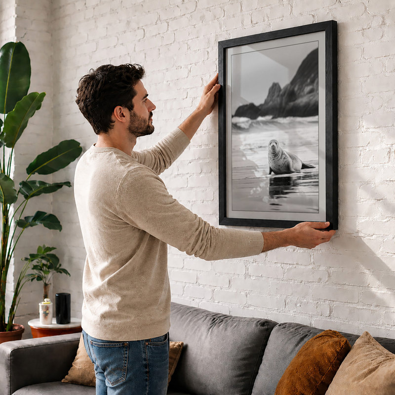 Seal On The Shore Coastal - Print, A2 - 59.4 x 42.0 cm, Walnut
