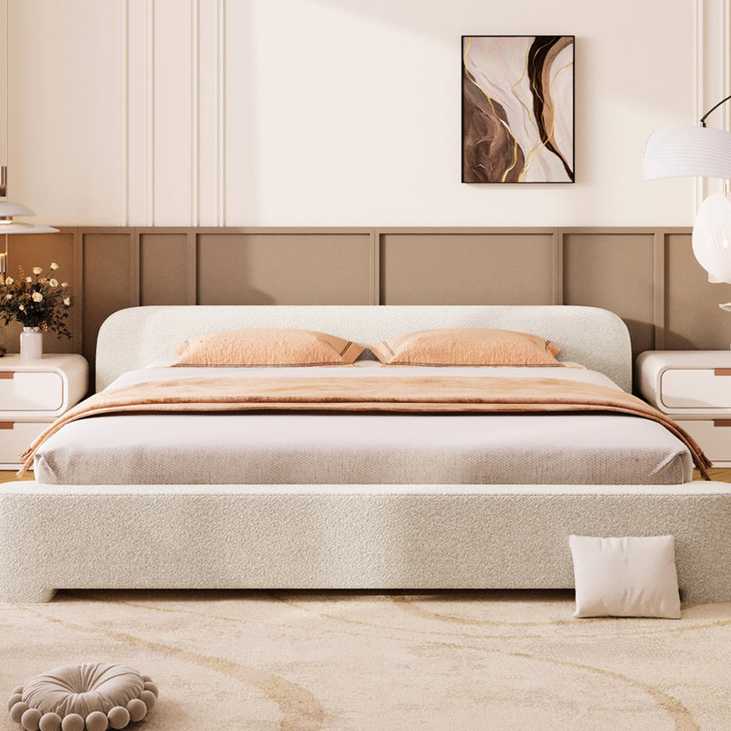Cozy King White Boucle Bed, High - Quality Upholstery Material, Wood Frame, Easy Assembly Upholstered Ideal For Any Bedroom, Comfortable Surface, Stable Structure