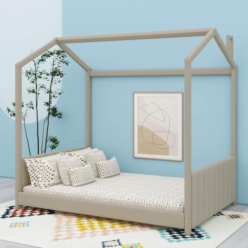 Lit en bois avec tête de lit en velours, Lit double, Beige