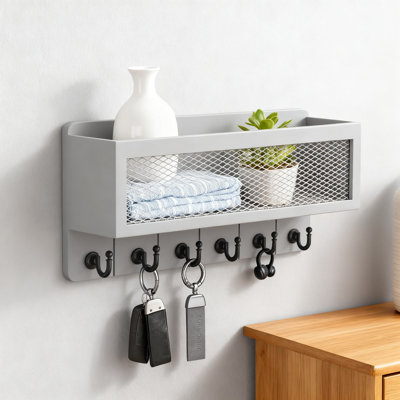 Wall Key And Mail Holder With Storage Basket, 6 Retro Hooks, Farmhouse Wall Mount Organizer For Entryway, Office, Home Decor