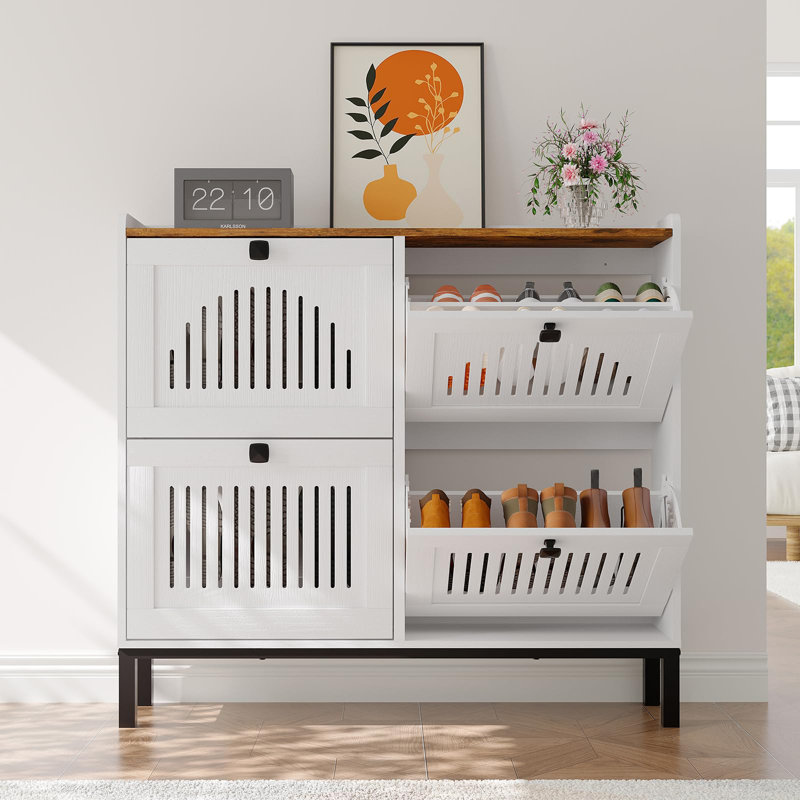 4-Door Flip Shoe Cabinet with Adjustable Shelves, Hidden Entryway Storage Organizer, Wooden Shoe Rack, White