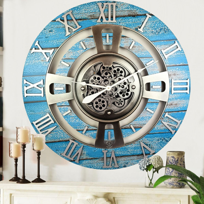Wall Clock 24" Oversized for Living Room decor with Real Moving Gears England Collection, Ocean Blue