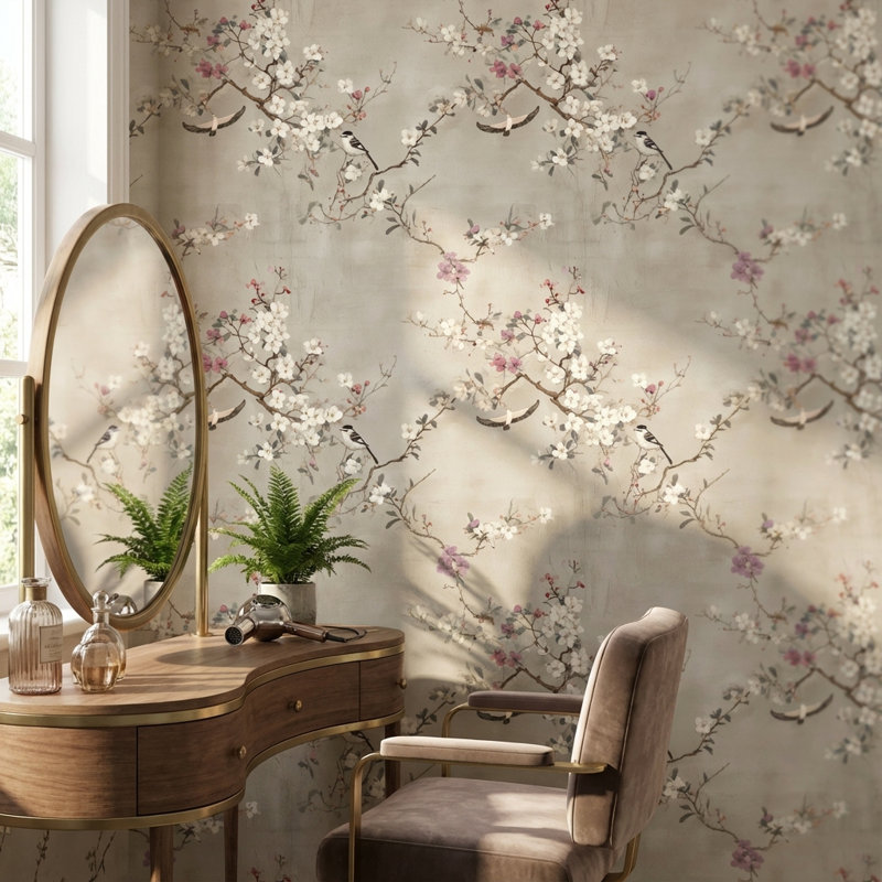 Papier peint floral oiseaux rétro