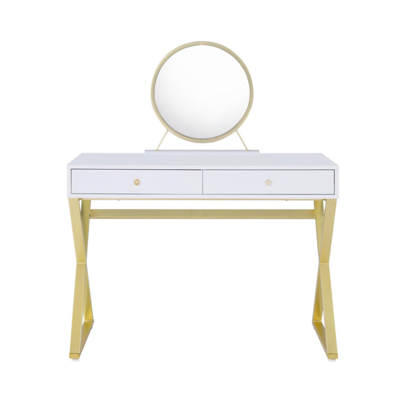 Bureau de coiffeuse rectangulaire avec miroir et plateau à bijoux, blanc et doré