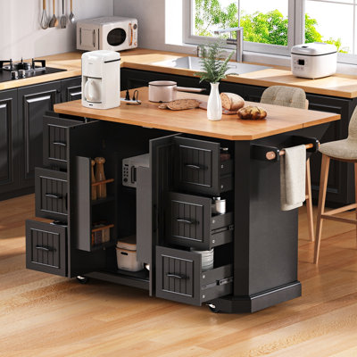 Îlot de cuisine 56 po avec abattant en placage de bois d'hévéa, prise de courant et 4 supports de rangement internes (noir)