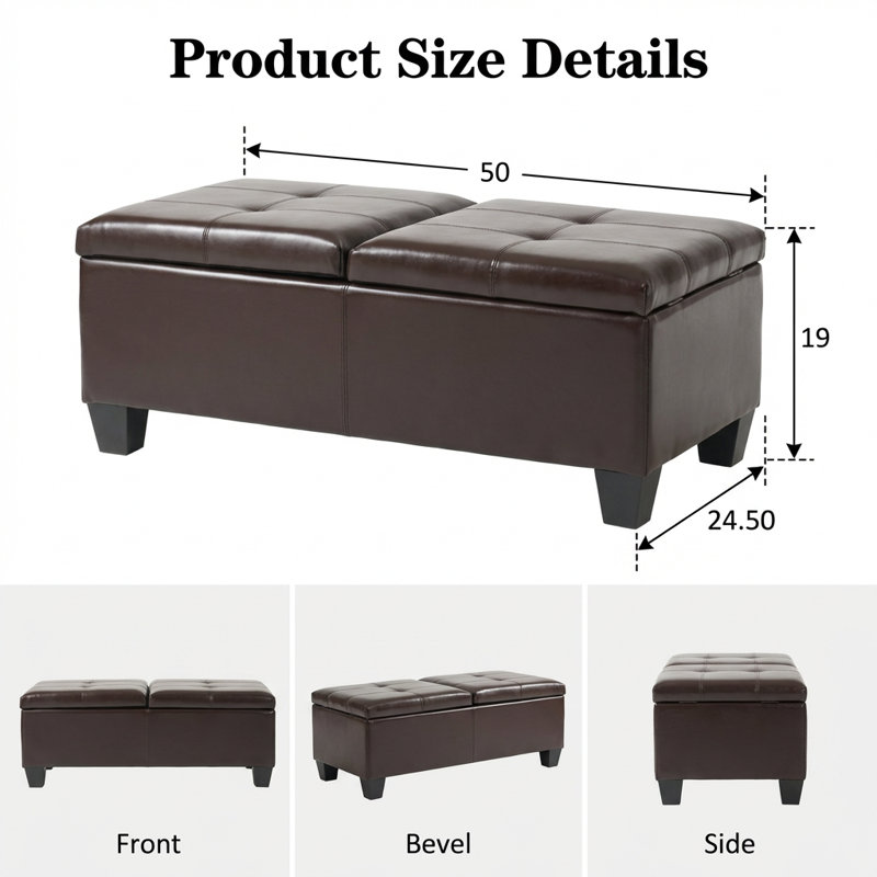 Soft Upholstered Leather Storage Ottoman with Dual Opening Top and Legs